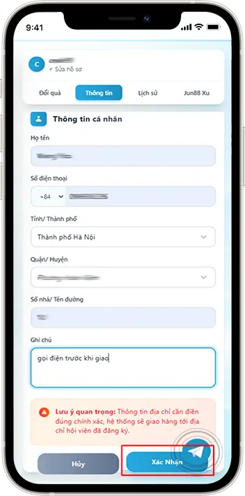 Bước 2: Điền đầy đủ thông tin địa chỉ nhận quà » chọn Xác Nhận